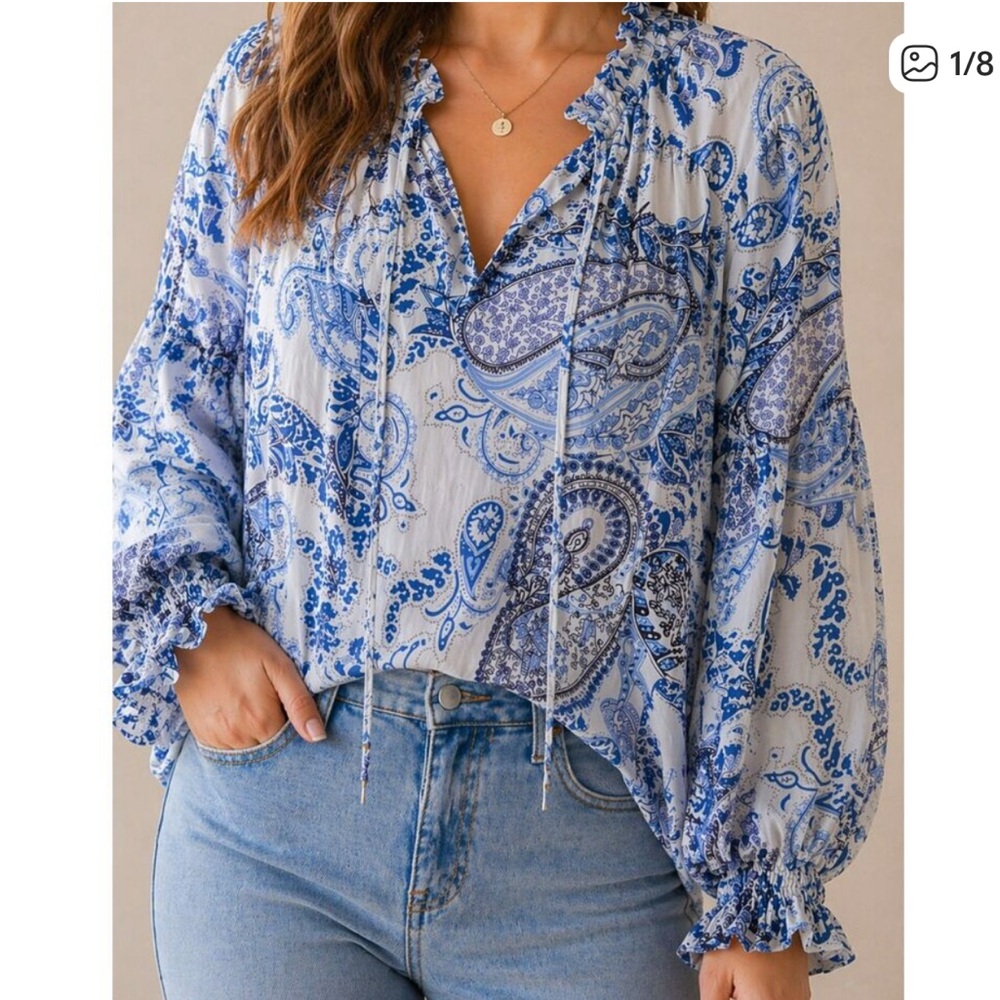 Cynthia Rowley Blue and White Paisley Peasant Blouse NWOT
